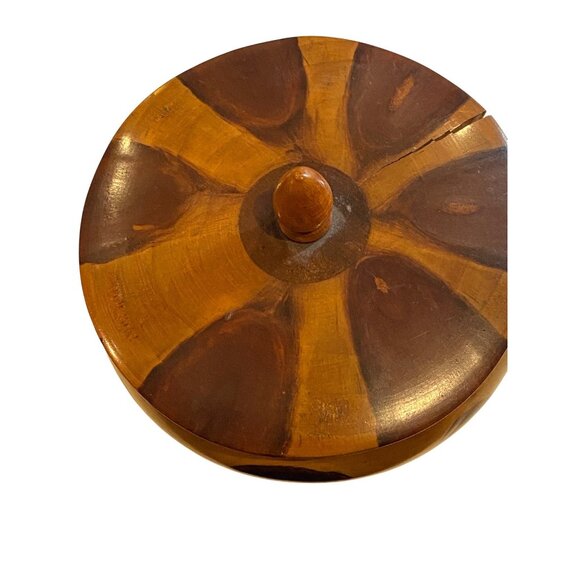 Vintage Bowl Wood With Lid & Sunburst Design Teak Made In Brazil READ & SEE PICS - Picture 1 of 9
